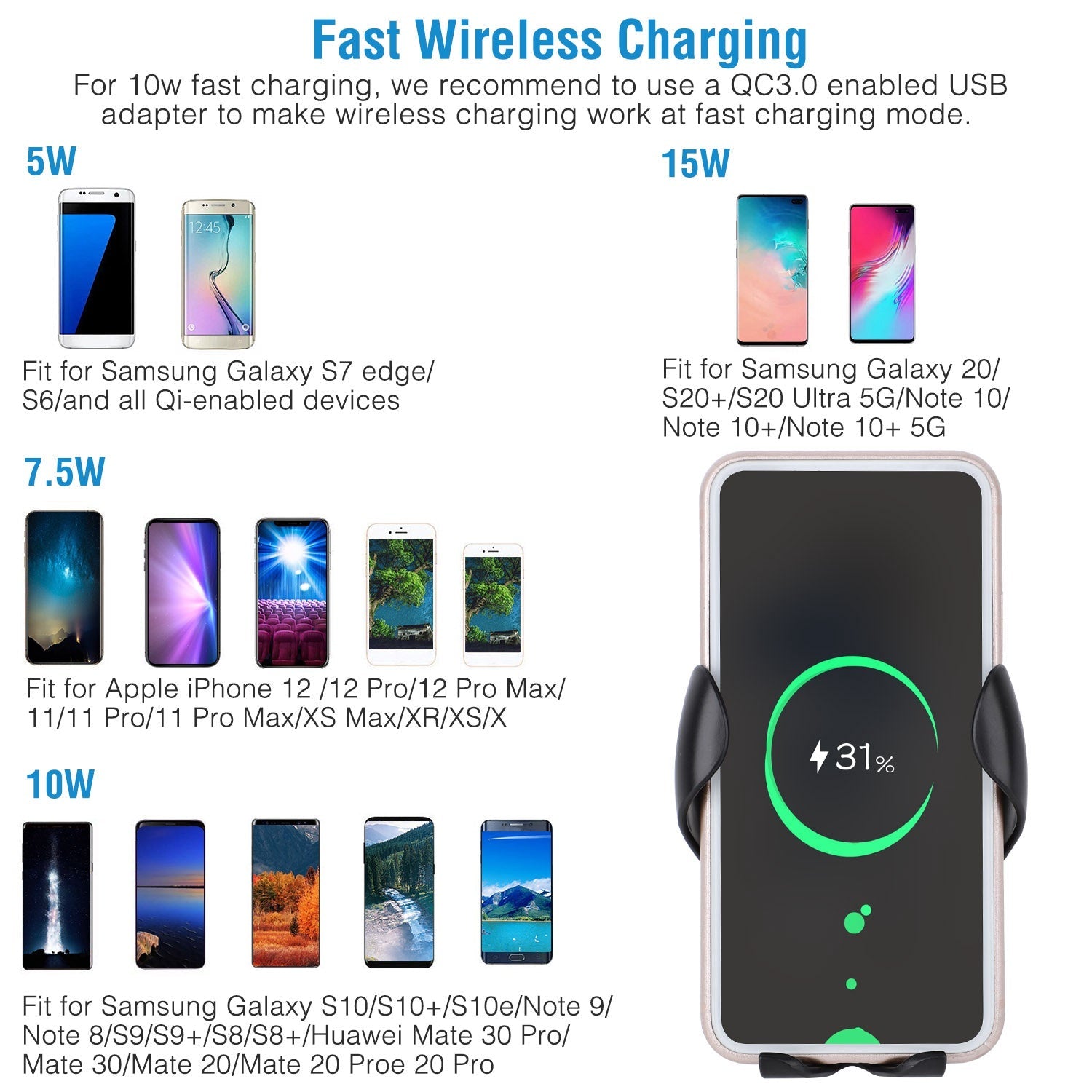 Wireless Car Charger 15W Qi Fast Charging Car Mount Automotive - DailySale