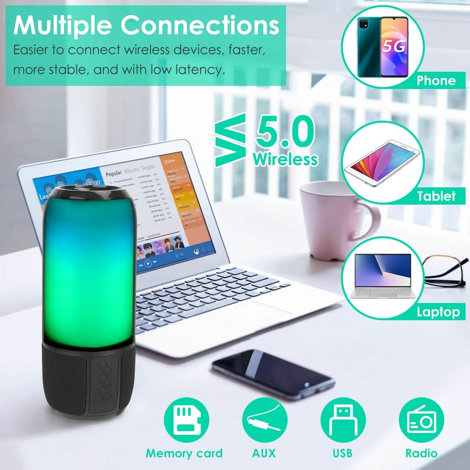 Wireless Portable Speaker with Color Changing Light Speakers - DailySale