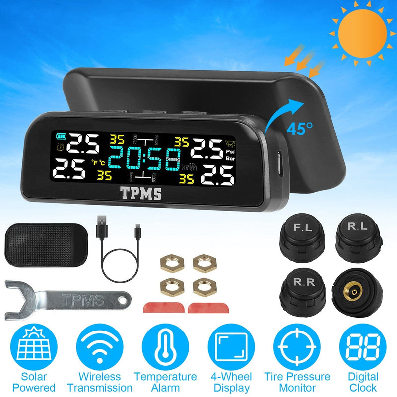 Wireless Solar Car Tire Pressure Monitoring System Auto Tire Pressure with Sensors Temperature Alarm Automotive - DailySale