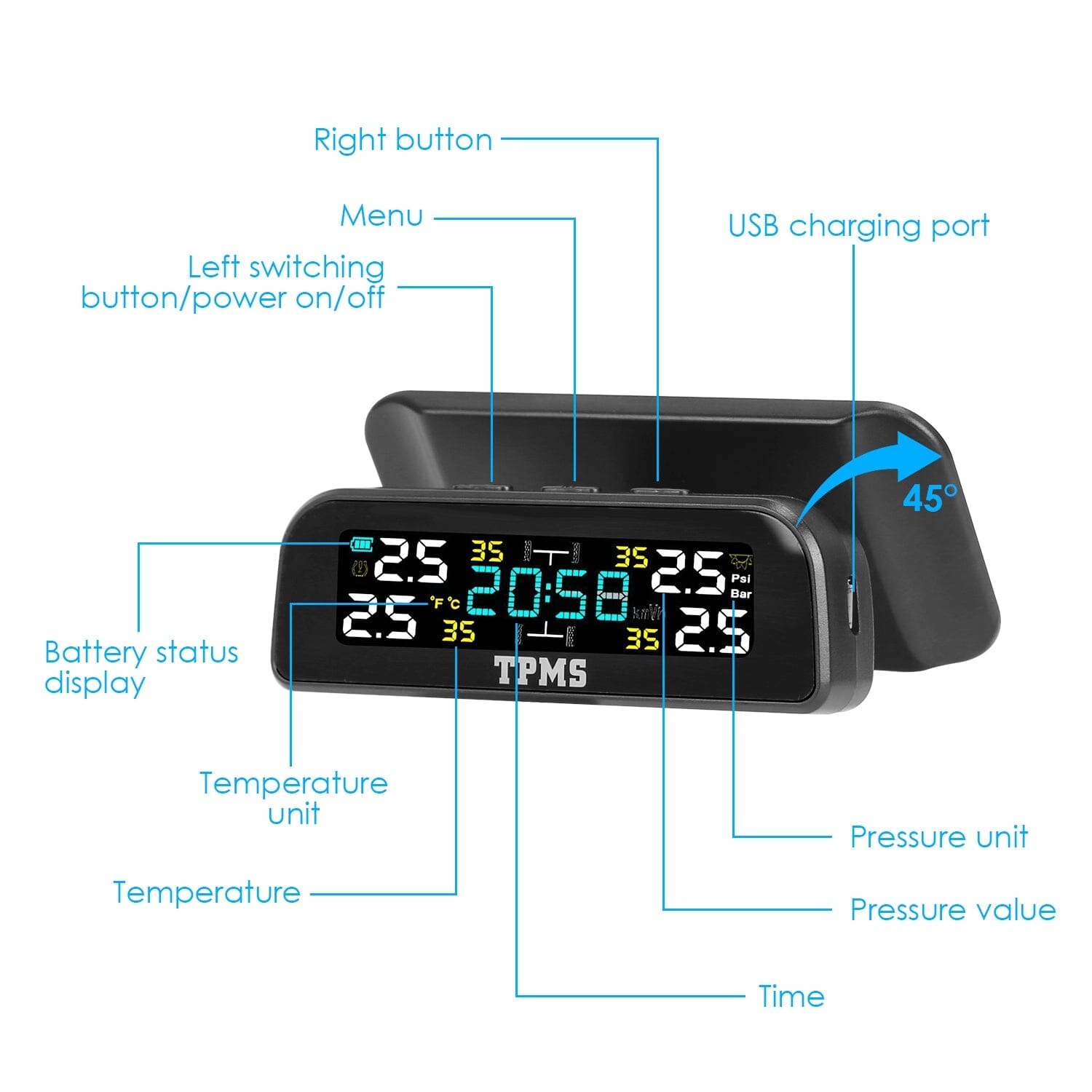 Wireless Solar Car Tire Pressure Monitoring System Auto Tire Pressure with Sensors Temperature Alarm Automotive - DailySale