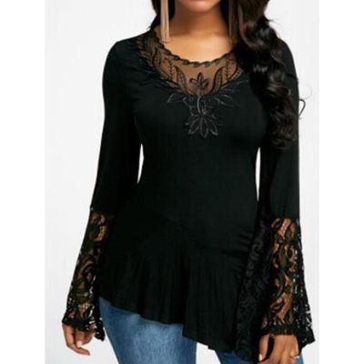 Women Casual Irregular T-shirt with Long-sleeved Lace Stitching Plus Size Shirts Women's Tops Black S - DailySale