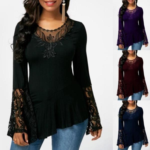 Women Casual Irregular T-shirt with Long-sleeved Lace Stitching Plus Size Shirts Women's Tops - DailySale