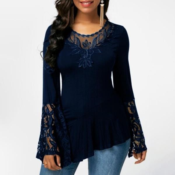 Women Casual Irregular T-shirt with Long-sleeved Lace Stitching Plus Size Shirts Women's Tops Navy S - DailySale