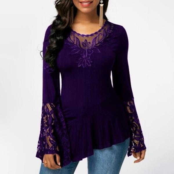 Women Casual Irregular T-shirt with Long-sleeved Lace Stitching Plus Size Shirts Women's Tops Purple S - DailySale