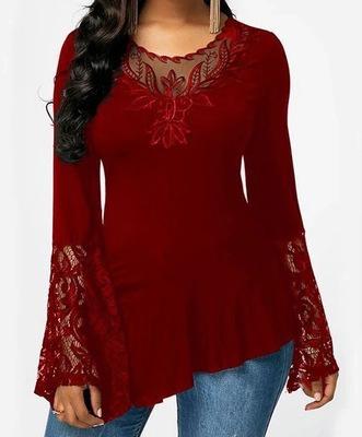 Women Casual Irregular T-shirt with Long-sleeved Lace Stitching Plus Size Shirts Women's Tops Red S - DailySale