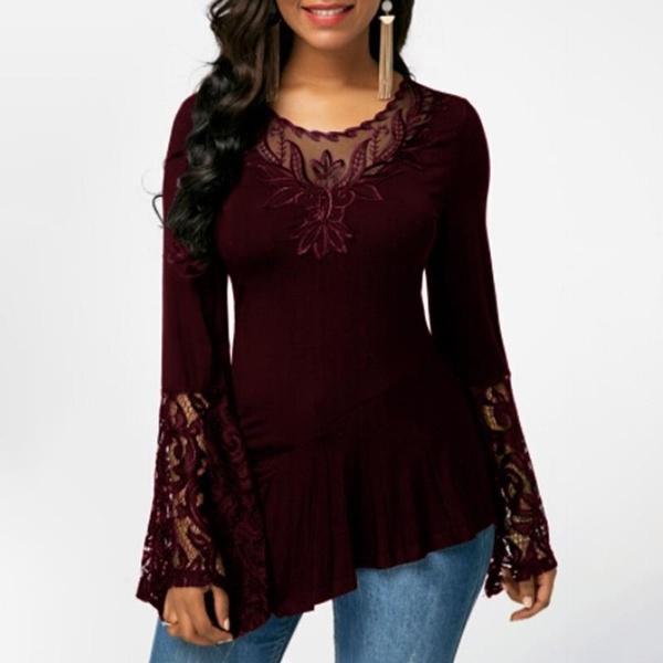 Women Casual Irregular T-shirt with Long-sleeved Lace Stitching Plus Size Shirts Women's Tops Wine Red S - DailySale