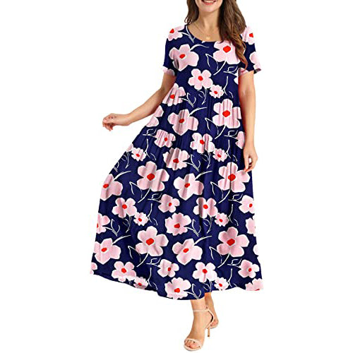 Women Casual Loose Bohemian Floral Dress Women's Dresses Blue/Pink S - DailySale