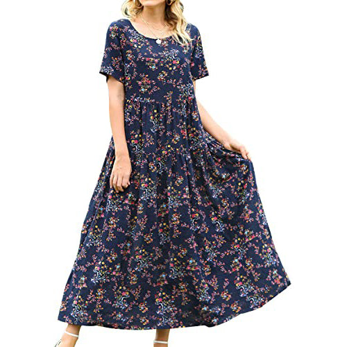 Women Casual Loose Bohemian Floral Dress Women's Dresses Navy S - DailySale
