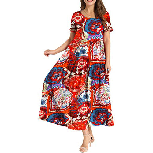 Women Casual Loose Bohemian Floral Dress Women's Dresses Red S - DailySale