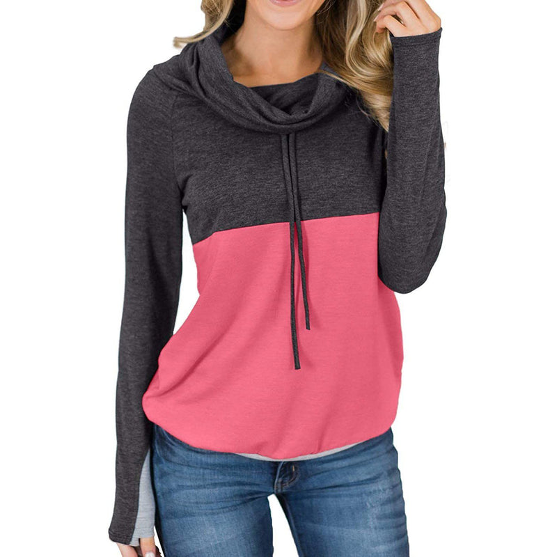 Women Cowl Neck Casual Tunic Sweatshirts Drawstring Long Sleeve Color Block Patchwork Pullover Tops Women's Tops Charcoal Pink S - DailySale