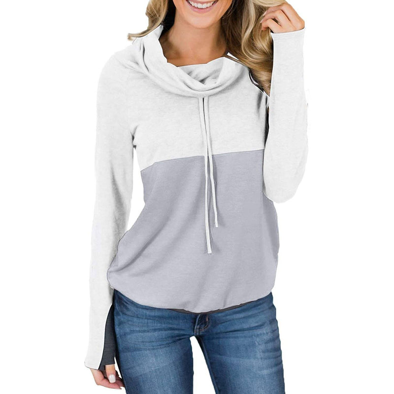 Women Cowl Neck Casual Tunic Sweatshirts Drawstring Long Sleeve Color Block Patchwork Pullover Tops Women's Tops Light Gray S - DailySale