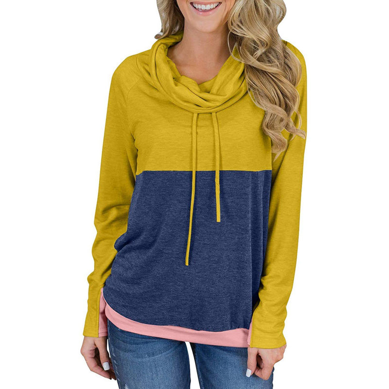 Women Cowl Neck Casual Tunic Sweatshirts Drawstring Long Sleeve Color Block Patchwork Pullover Tops Women's Tops Mustard/Navy S - DailySale