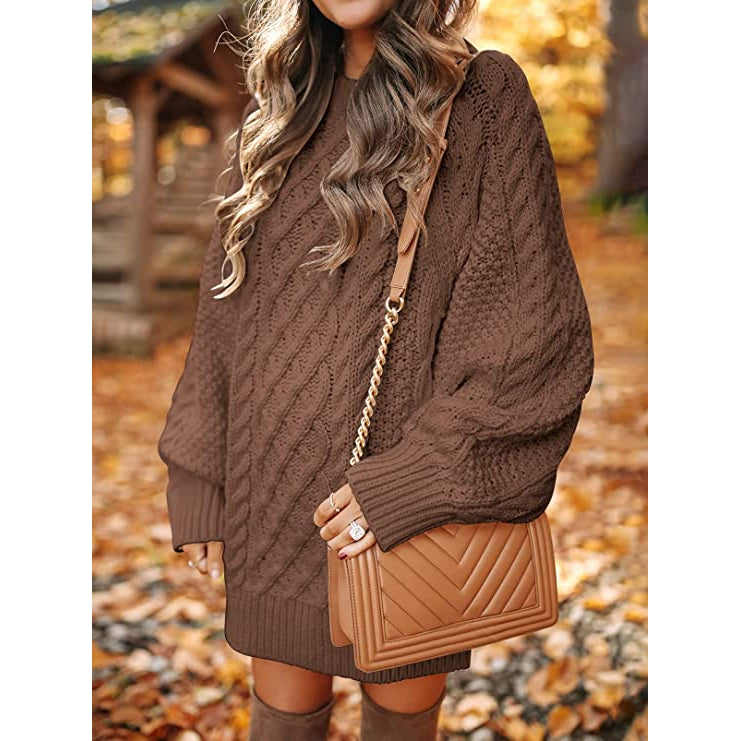 Women Crewneck Long Sleeve Oversized Cable Knit Chunky Pullover Short Sweater Dresses