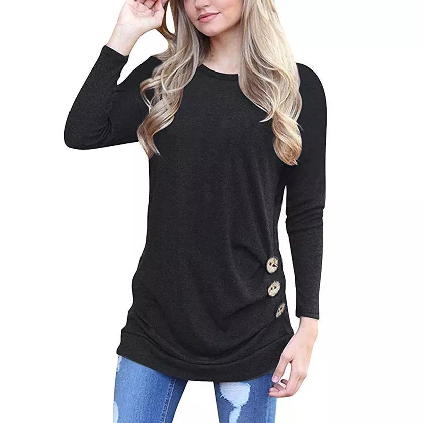 Women Elegant Long Sleeve Round Neck Loose Blouse Tops Women's Clothing Black S - DailySale