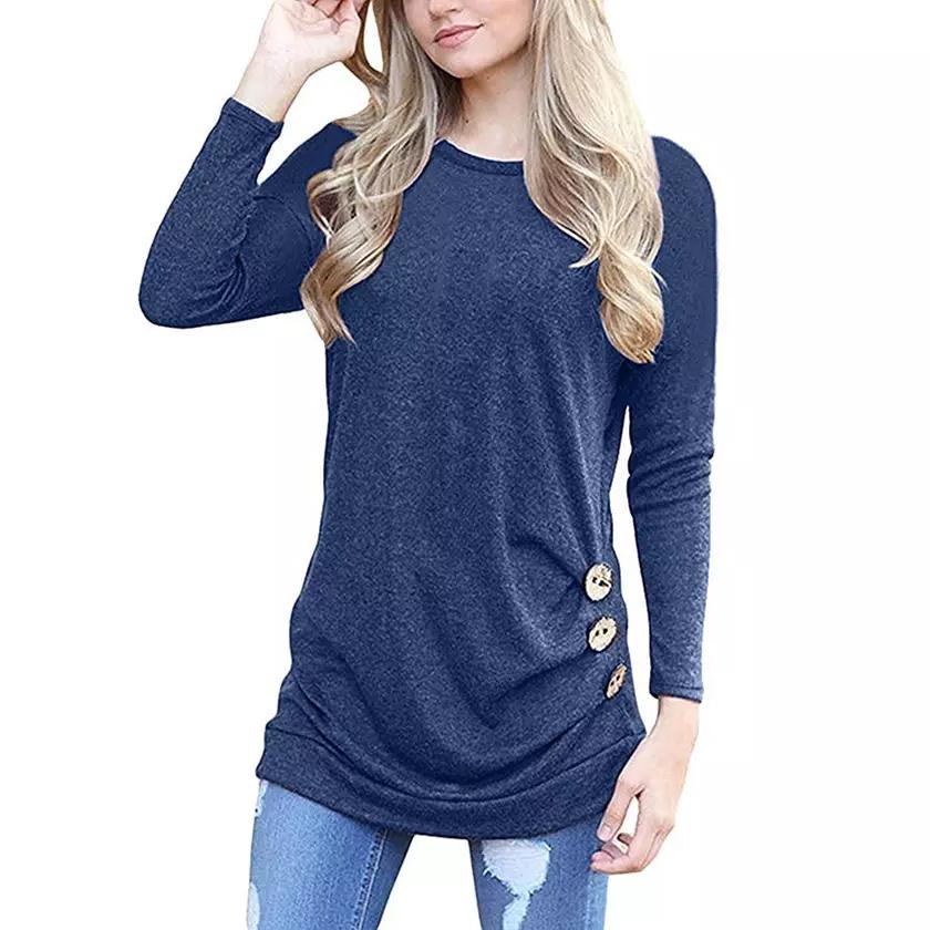 Women Elegant Long Sleeve Round Neck Loose Blouse Tops Women's Clothing Blue S - DailySale