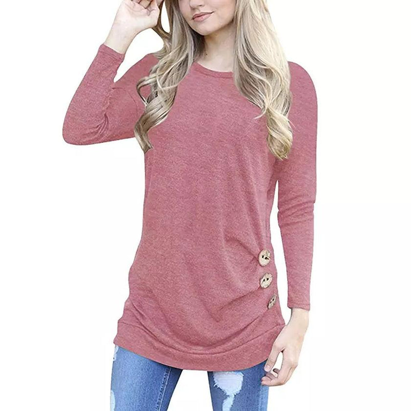 Women Elegant Long Sleeve Round Neck Loose Blouse Tops Women's Clothing Pink S - DailySale
