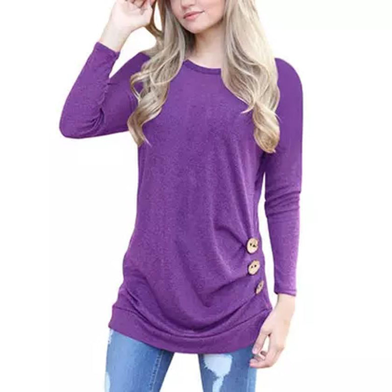 Women Elegant Long Sleeve Round Neck Loose Blouse Tops Women's Clothing Purple S - DailySale