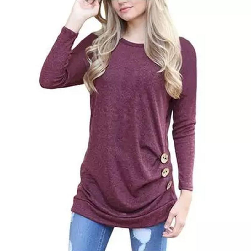 Women Elegant Long Sleeve Round Neck Loose Blouse Tops Women's Clothing Red S - DailySale