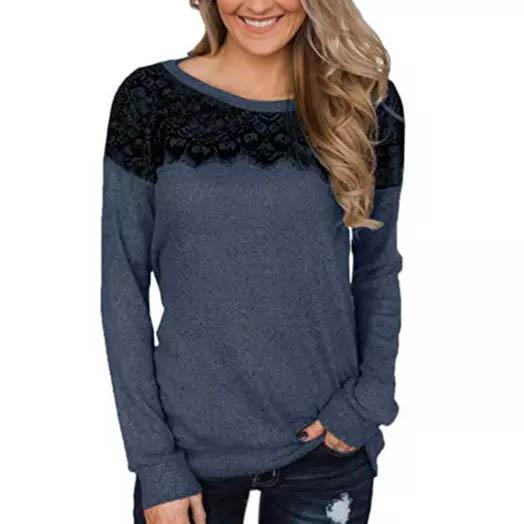 Women Fashion Black Lace Top Long Sleeve Elegant Casual Sweatshirt Blouse Women's Clothing Blue S - DailySale