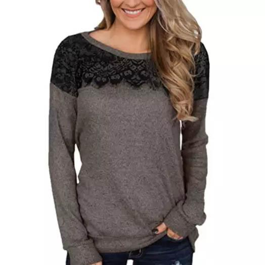 Women Fashion Black Lace Top Long Sleeve Elegant Casual Sweatshirt Blouse Women's Clothing Brown S - DailySale