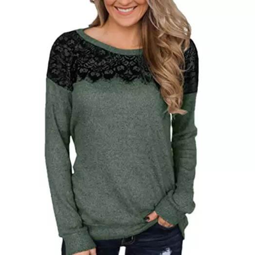 Women Fashion Black Lace Top Long Sleeve Elegant Casual Sweatshirt Blouse Women's Clothing Dark Green S - DailySale