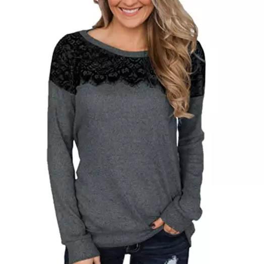 Women Fashion Black Lace Top Long Sleeve Elegant Casual Sweatshirt Blouse Women's Clothing Gray S - DailySale