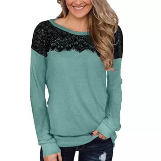 Women Fashion Black Lace Top Long Sleeve Elegant Casual Sweatshirt Blouse Women's Clothing Light Green S - DailySale