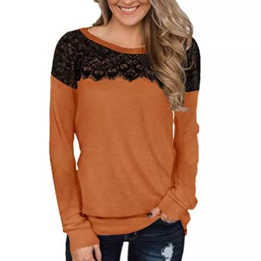 Women Fashion Black Lace Top Long Sleeve Elegant Casual Sweatshirt Blouse Women's Clothing Orange S - DailySale