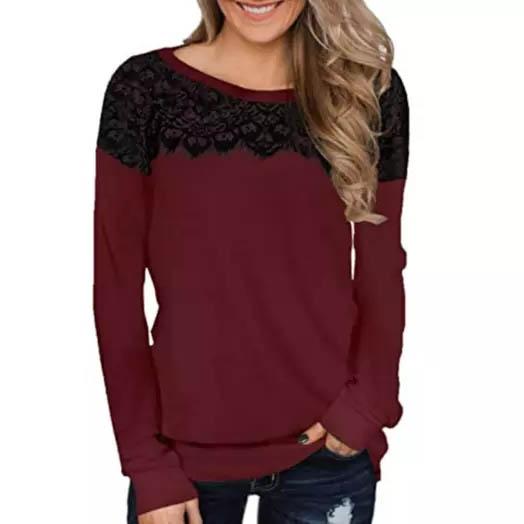 Women Fashion Black Lace Top Long Sleeve Elegant Casual Sweatshirt Blouse Women's Clothing Red S - DailySale