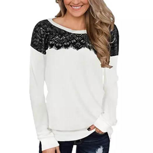 Women Fashion Black Lace Top Long Sleeve Elegant Casual Sweatshirt Blouse Women's Clothing White S - DailySale