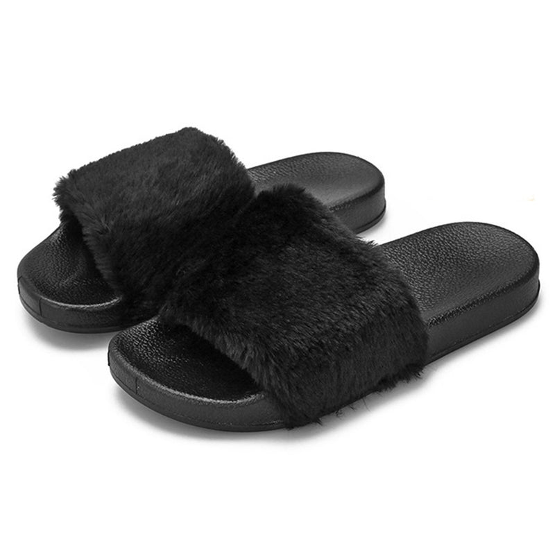 Women Faux Fur Slippers Open Toe Women's Clothing Black 6 - DailySale