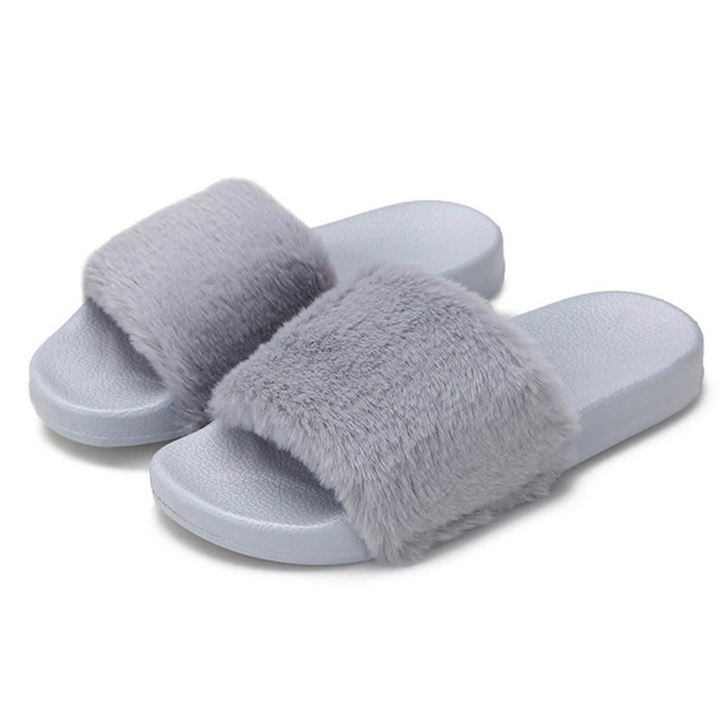 Women Faux Fur Slippers Open Toe Women's Clothing Gray 6 - DailySale