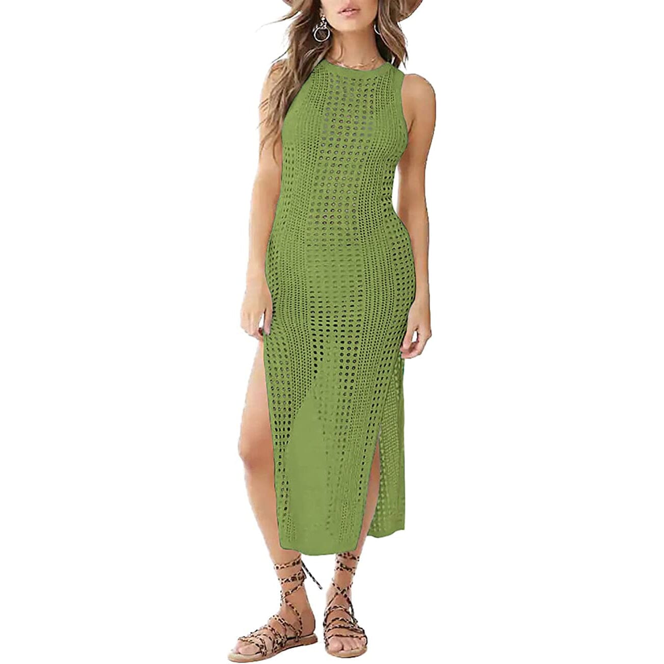 Women Hollow Out Sleeveless Bikini Swimsuit Side Split Long Beach Dresses Women's Swimwear & Lingerie Army Green S - DailySale