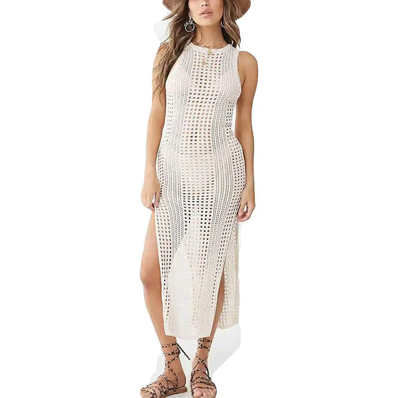 Women Hollow Out Sleeveless Bikini Swimsuit Side Split Long Beach Dresses Women's Swimwear & Lingerie Beige S - DailySale