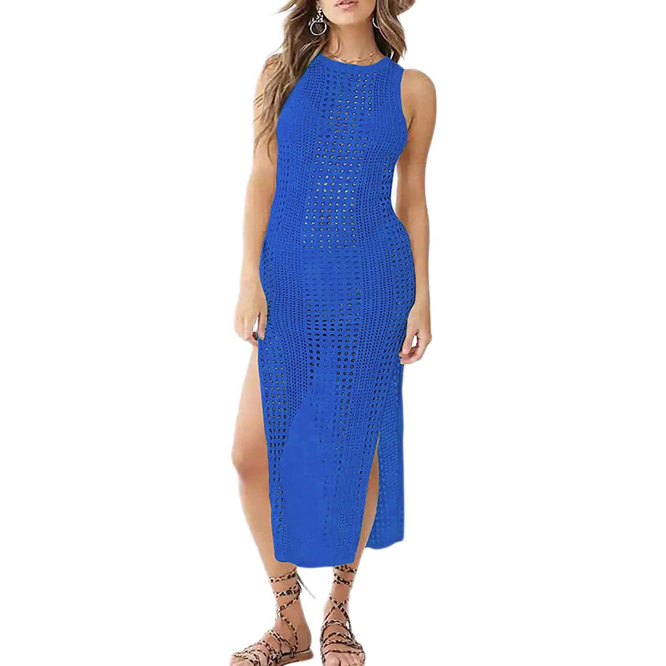 Women Hollow Out Sleeveless Bikini Swimsuit Side Split Long Beach Dresses Women's Swimwear & Lingerie Blue S - DailySale