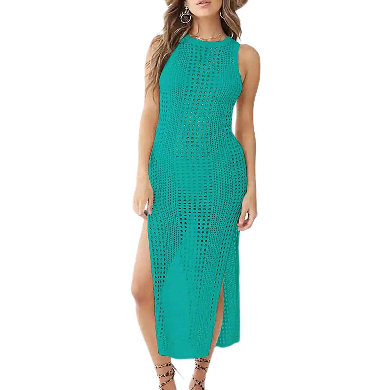 Women Hollow Out Sleeveless Bikini Swimsuit Side Split Long Beach Dresses Women's Swimwear & Lingerie Green S - DailySale