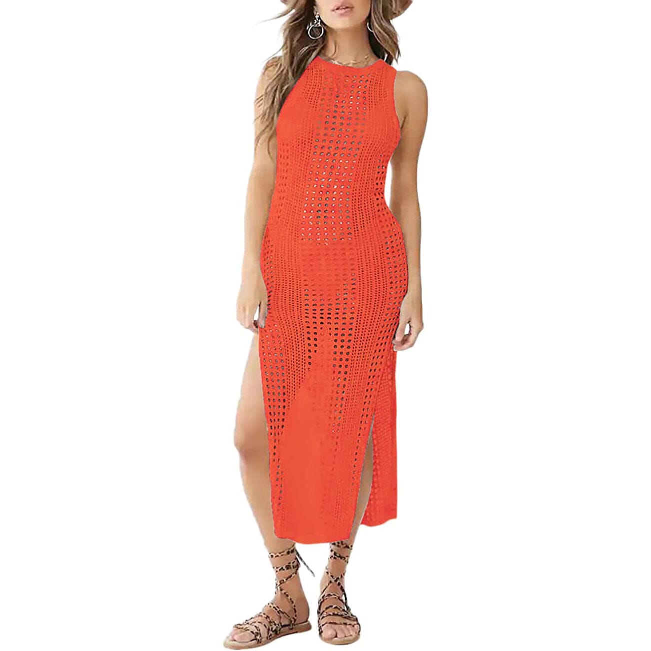 Women Hollow Out Sleeveless Bikini Swimsuit Side Split Long Beach Dresses Women's Swimwear & Lingerie Orange S - DailySale