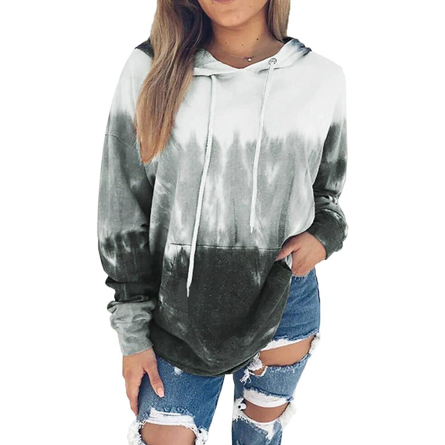 Women Hoodies Tops Tie Dye Printed Long Sleeve Drawstring Pullover Sweatshirts with Pocket Women's Tops Gray S - DailySale