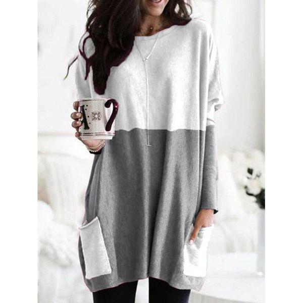 Women Long Sleeve Casual Pocket T-Shirt Loose Plus Size Top Blouse Women's Tops Gray S - DailySale