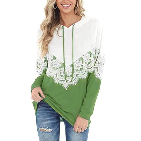 Women Long Sleeve Lace Hoodies Women's Tops Light Green S - DailySale