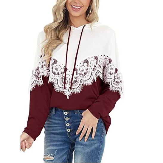 Women Long Sleeve Lace Hoodies Women's Tops Red S - DailySale