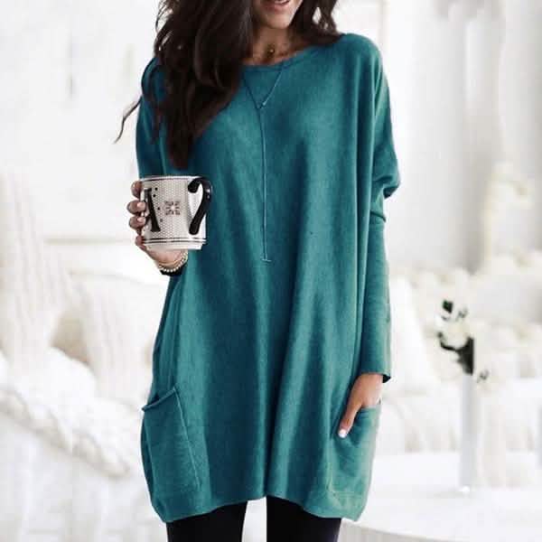 Women Long Sleeve Top Casual Pocket T-Shirt Women's Tops Peacock Blue S - DailySale