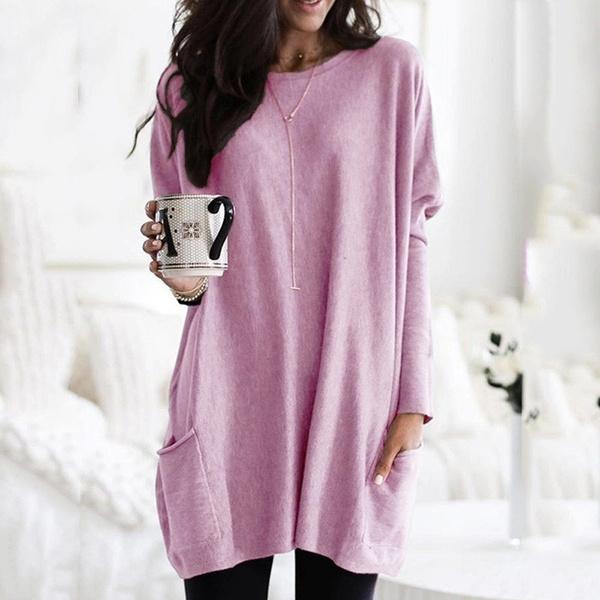 Women Long Sleeve Top Casual Pocket T-Shirt Women's Tops Pink S - DailySale