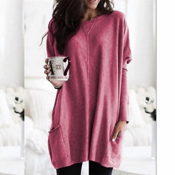 Women Long Sleeve Top Casual Pocket T-Shirt Women's Tops Red S - DailySale