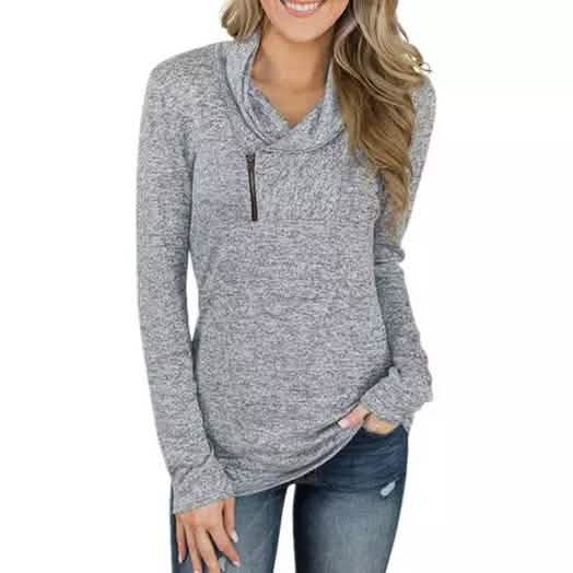Women Long Sleeve V-Neck Size Zipper Collar Pullover Tunic Tops Women's Clothing Gray S - DailySale