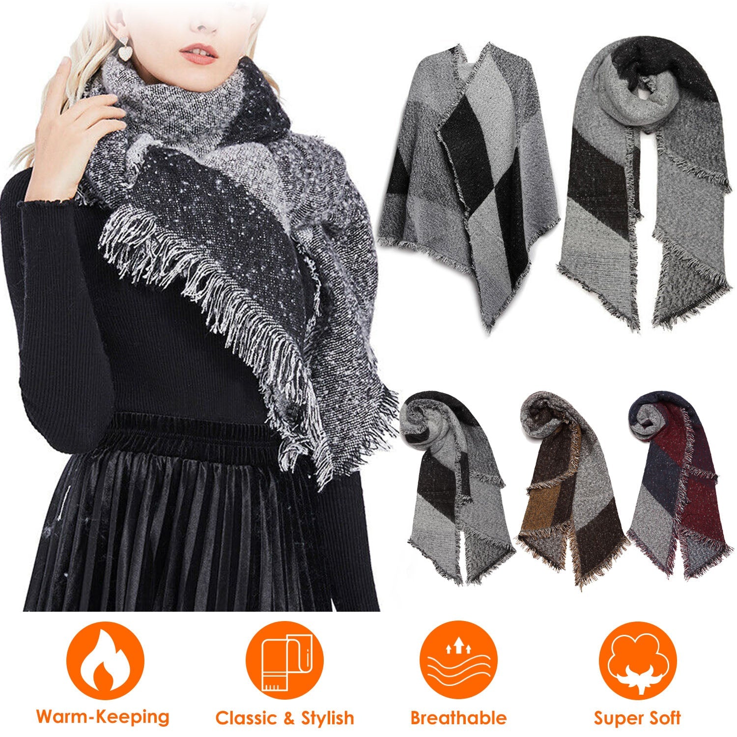 Women Long Soft Knitted Shawl Extra Thick Plaid Blanket Wrap Cape Women's Shoes & Accessories - DailySale