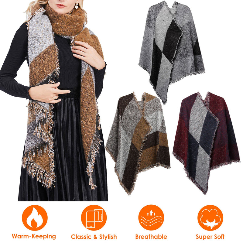 Women Long Soft Knitted Shawl Extra Thick Plaid Blanket Wrap Cape Women's Shoes & Accessories - DailySale