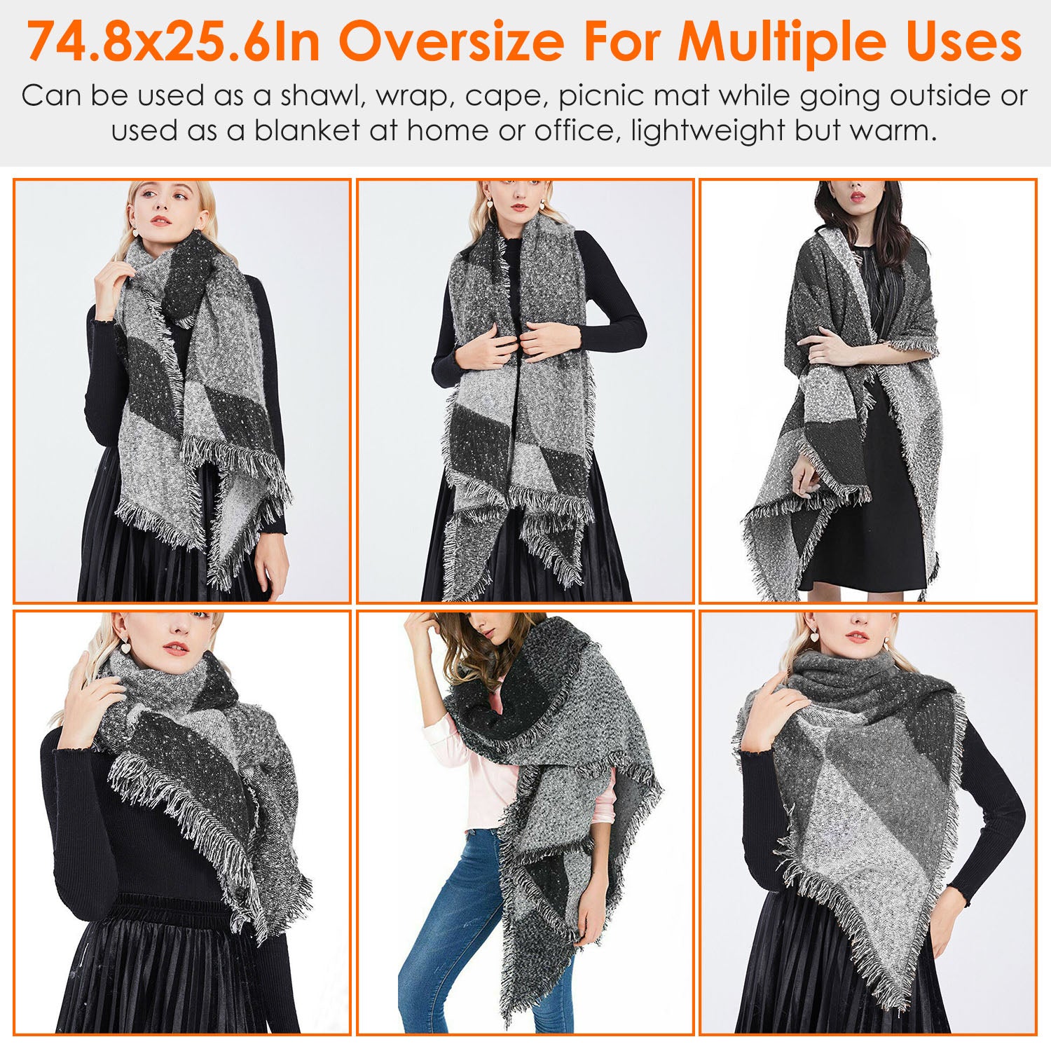 Women Long Soft Knitted Shawl Extra Thick Plaid Blanket Wrap Cape Women's Shoes & Accessories - DailySale