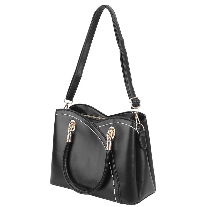 Women Medium Sized Leather Satchel Crossbody Bag with Stylish Stitching Detachable Strap