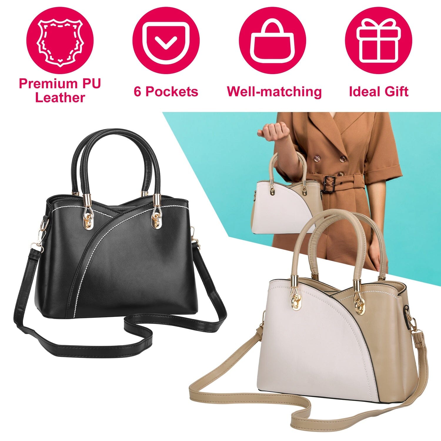 Women Medium Sized Leather Satchel Crossbody Bag with Stylish Stitching Detachable Strap Bags & Travel - DailySale